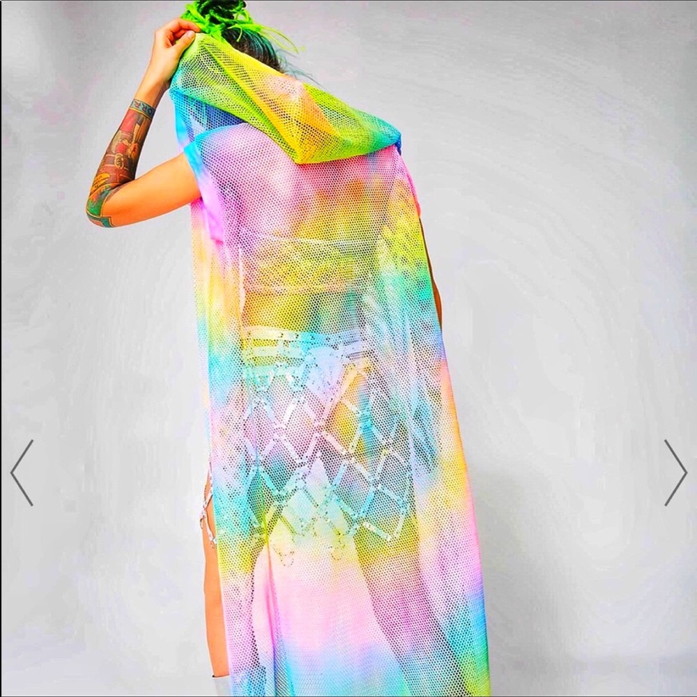 Neon tie dye mesh hooded duster, festival ,coverup